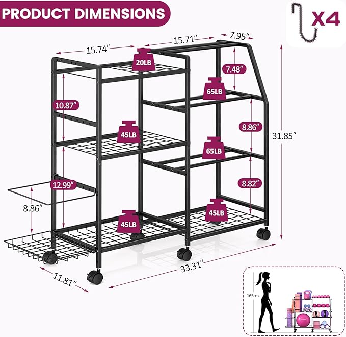 Dumbbell Rack, Weight Rack for Home Gym, Yoga Mat Storage Rack, Exercise Equipment Storage with Wheels and Hooks, Home Gym Equipment Organizer for Kettlebells