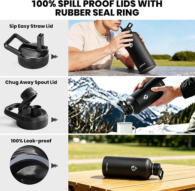 RAYMYLO Insulated Water Bottle 87 oz, Triple Wall Vacuum Stainless Steel (Cold for 48 Hrs), Leak Proof & Non-BPA, Modern Water Flask Jug with Paracord Handle & Straw Spout Lids, Magic Black | Cold for 48 Hrs), Leak Proof & Non-BPA, Modern Water Flask J...