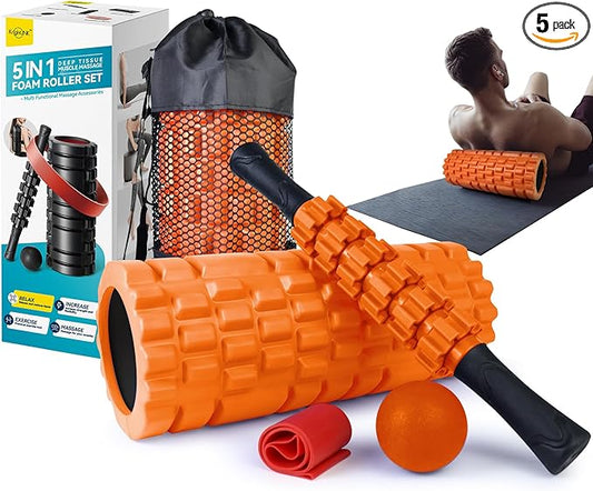Krightlink 5 in 1 Foam Roller Set Trigger Point Exercise Foam Roller | Deep Tissue Muscle Massage Fitness Foam Roller, Massage Roller, Massage Ball, Stretching Strap, for Whole Body Orange