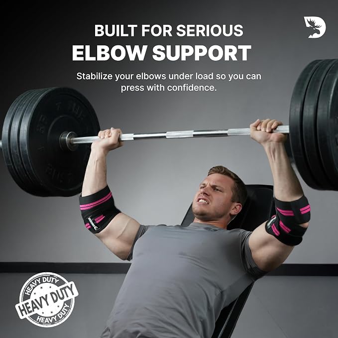 DMoose Fitness Elbow Wraps for Weightlifting (Pair) - 40'' Adjustable Strap for Gym Workout & Bench Press, Compression Elbow Sleeves for Tendonitis, Joint Support, Powerlifting & Deadlifts
