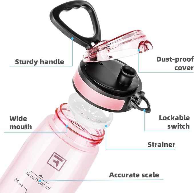 Fanhaw 32 oz Clear Plastic Water Bottle, BPA Free Leakproof Tritan Sports Water Bottle with Chug Lid, Wide Mouth Reusable Bottle for Gym, Travel, School & Office (Cherry Blossom)