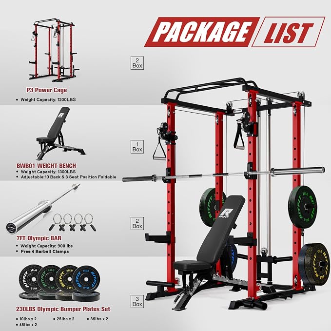 RitFit Power Cage Home Gym Package with Cable Crossover System | 1200LBS Power Rack, Weight Bench, Olympic Barbell & 230LBS Bumper Plates — All-in-One Home Gym