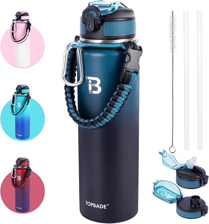 TOPBADE 32oz Insulated Water Bottle with Straw Lid & Spout Lid & Paracord Handle, Stainless Steel Water Bottle Wide Mouth, Double Wall for Women Men Gym Fitness Outdoor