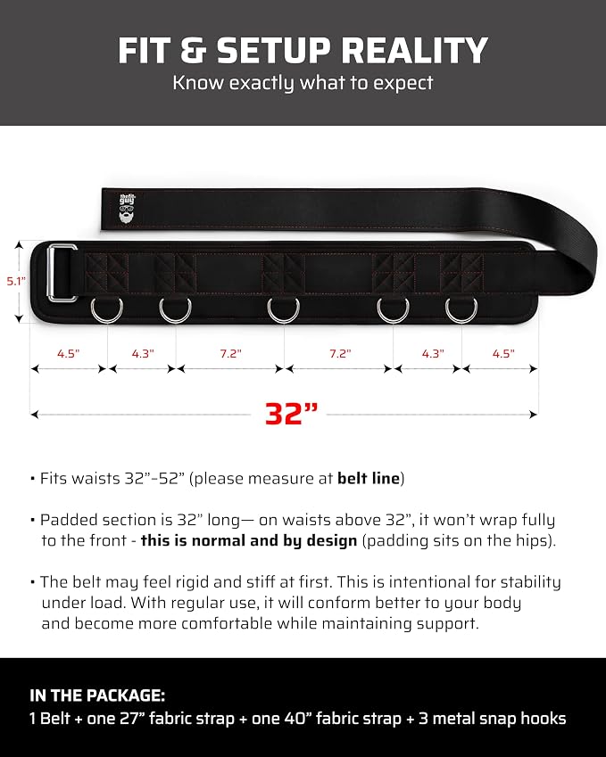 THEFITGUY Original Multi-Attachment Belt for Cable Squats & Hip Thrusts | 5 D-ring points, 2 straps (40in/27in), hook-and-loop closure, fits a 32-52in waist for glute and quad work