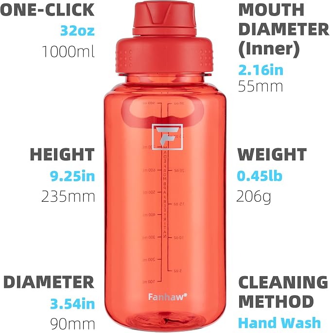 Fanhaw 32 oz Clear BPA-Free Tritan Water Bottle with Fast-Flow Spout Lid, BPA-Free & Leak-Proof Wide-Mouth Reusable Bottle for Gym, School & Office, Back to School Essentials (Red)