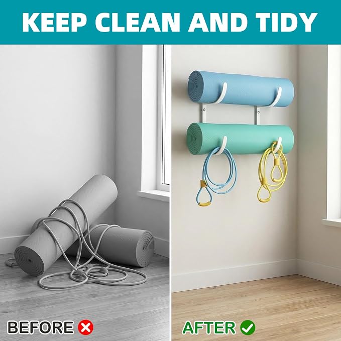 Yoga Mat Holder Wall Mount，No-Tie Mat Storage Rack With Rubber Coating | for Exercise Mat，Pilates Mat，Hanging Foam Roller and Home Gym Equipment Accessories