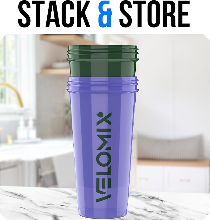 VELOMIX 2 Pack 28oz Protein Shaker Bottle for Protein Mixes, Green/Purple | 2x Wire Whisk, Leak Proof Shaker Cups for Protein Shakes, Stackable, Dishwasher safe, BPA free, Pre Workout and Fitness ready