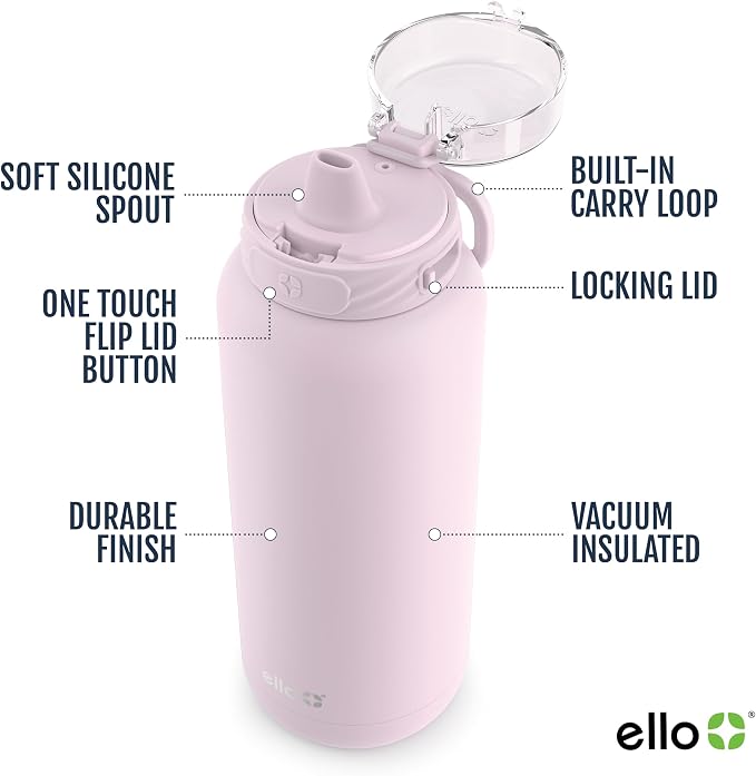 Ello Cooper 32oz Insulated Stainless Steel Water Bottle with Straw, Cashmere Pink
