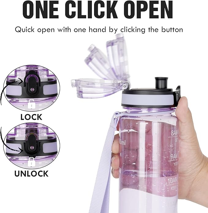 OLDLEY Water Bottle, 32oz Motivational Sports Water Bottle with Time Marker - Times to Drink - Tritan, BPA Free, Wide Mouth Leakproof,Amethyst