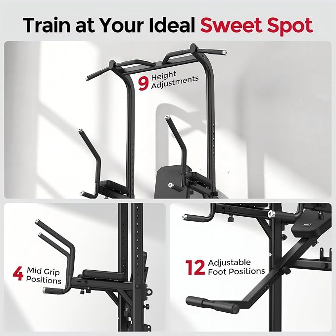 Heavy Duty Power Tower, Light Commercial Grade Steel Frame, 800 LBS Weight Capacity, Multi-Function Pull Up Bar & Dip Station with Crunch Leg Raise, Home Gym Gear for Back and Core Workout