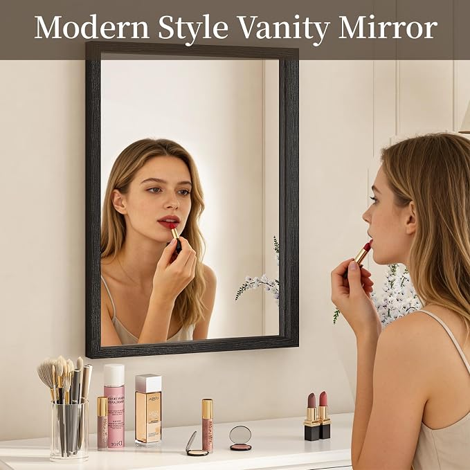 Syndra Black Wood Frame Bathroom Mirror, 22''x30'' Modern Vanity Mirror for Wall, Waterproof Slim Deep Frame, Rectangular HD Tempered Glass Mirror for Living Room, Bedroom, Entryway, Rustic, Farmhouse