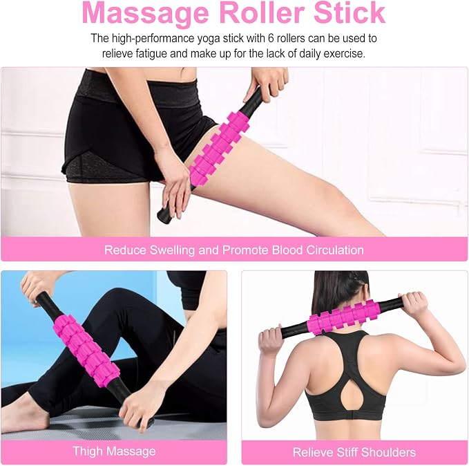 Aucuu 6 in 1 Foam Roller Set Includes Hollow Core Massage Roller, Yoga Stick, Massage Ball, Fitness Stretching Strap, Carrying Bag, Towel, Massage Roller (Pink)