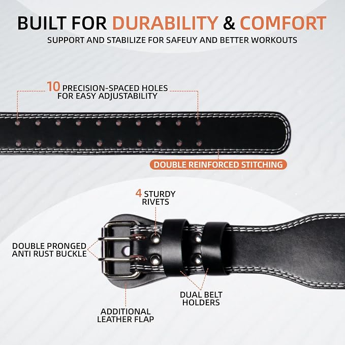 Leather Weight Lifting Belt, 4”& 6”Padded Lumbar Back Support, 10 Adjustable Holes, Gym Weight Belt Ideal for Deadlift, Powerlifting, Bodybuilding and Squat