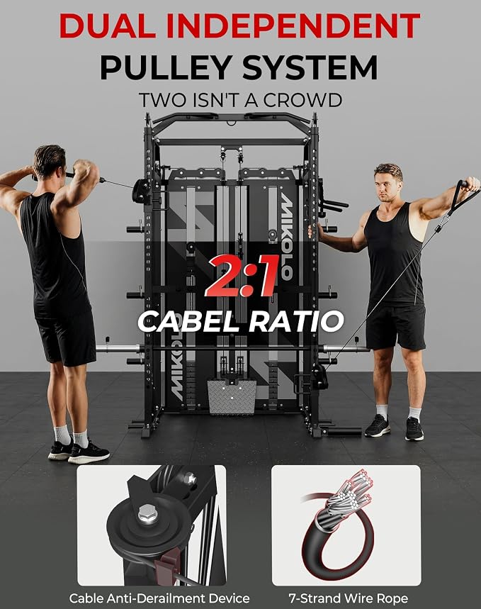 Mikolo Smith Machine with Weight Stack, Power Cage Home Gym System with LAT Pulldown & Cable Crossover, Multi-Functional Trainer with Dual Pulley System, Includes 10+ Free Attachments