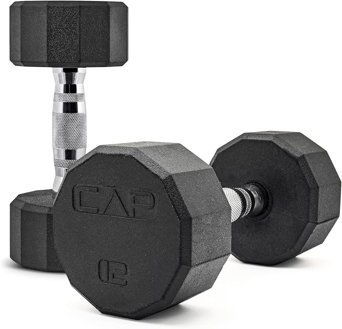 CAP Rubber Coated Dumbbell Weights, Free Weights for Home Gym Strength Training, Anti-Roll Hex Dumbbells with Black, Chrome & Comfort Grip Handles, Pairs & Sets