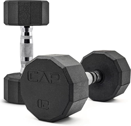 CAP Rubber Coated Dumbbell Weights, Free Weights for Home Gym Strength Training, Anti-Roll Hex Dumbbells with Black, Chrome & Comfort Grip Handles, Pairs & Sets