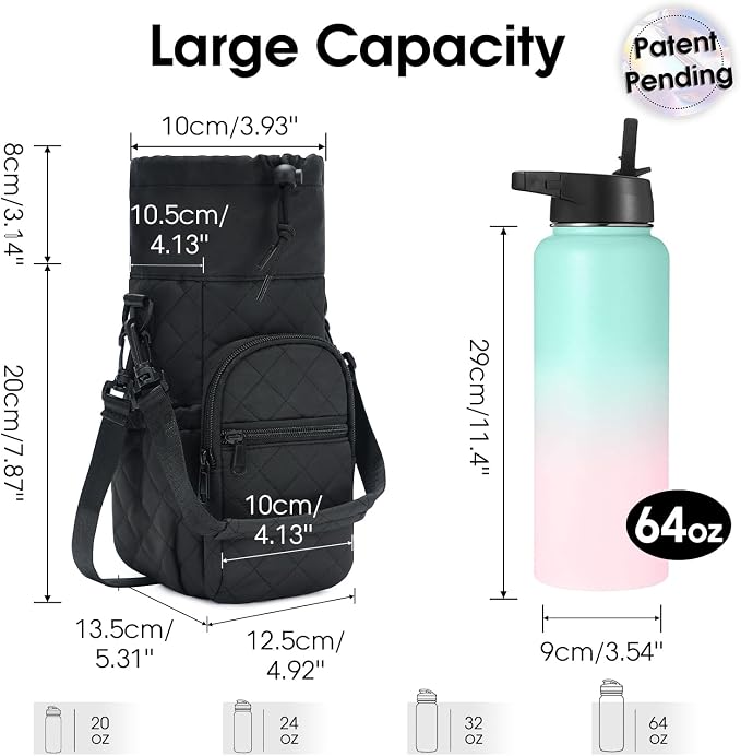 sportsnew 40oz Insulated Crossbody Water Bottle Bag Gym Hiking Phone Pocket | Water-resistant Lining, Padded Strap, Top Handle, Drawstring, Phone Pocket, Elastic Slots, Built-In Key Clip for Gym Walking