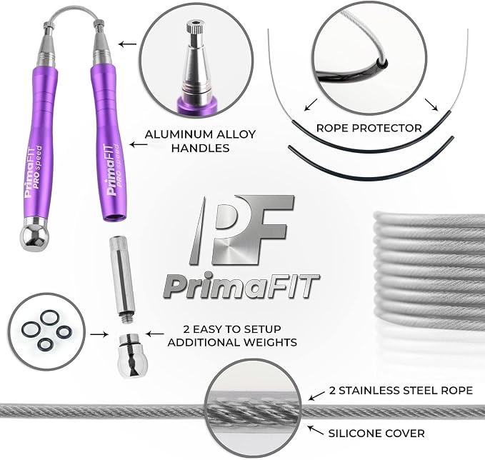 PrimaFIT Pro Speed Jump Rope for Adults, Weighted Skipping Rope for Boxing | Adjustable Jumping Rope for Fitness Workout & CrossFit Exercise, Double Unders, Handle Weights, 3m Cables 2 Protectors, Bag