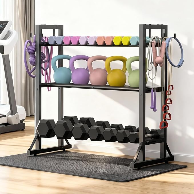 3 Tier Adjustable Dumbbell Rack Stand, Heavy Duty Carbon Steel Weight Storage Organizer for Home Gym, Easy Assembly, 450 lb Capacity for Dumbbells & Kettlebells (Dumbbell Rack Stand Only)