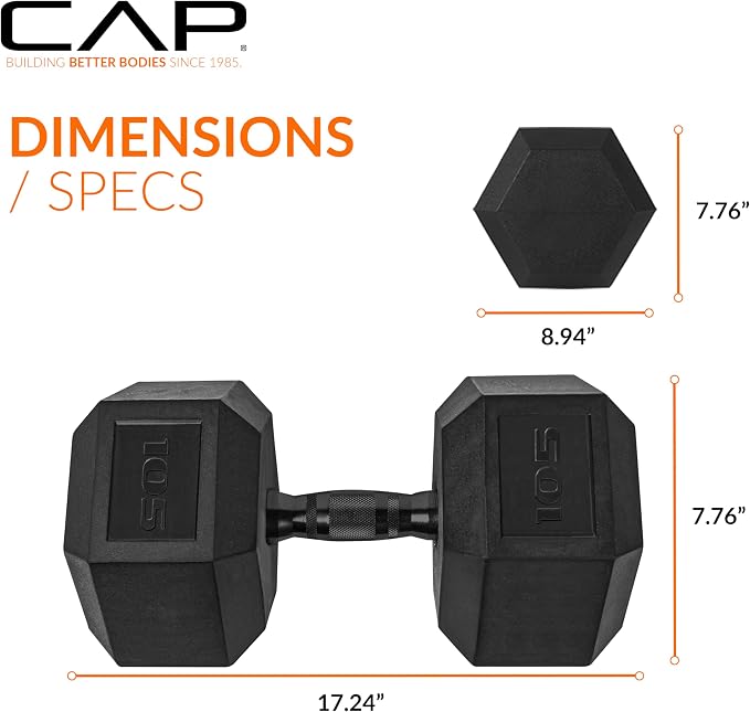 CAP Rubber Coated Dumbbell Weights, Free Weights for Home Gym Strength Training, Anti-Roll Hex Dumbbells with Black, Chrome & Comfort Grip Handles, Pairs & Sets