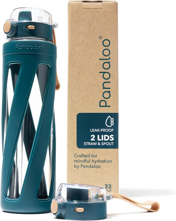 Pandaloo® Orbit 32 oz Glass Water Bottle with 2 Leak-Proof Lids (Straw & Spout), Wide Mouth, Borosilicate Glass, BPA-Free, Cup Holder Friendly for Gym, Work, Travel & Daily Hydration- Intense Teal