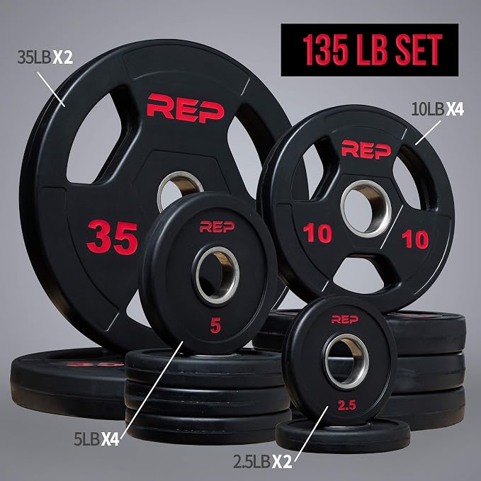 REP Fitness Rubber Coated Olympic Plates, Updated Design - Tri-Grip Olympic Barbell Weights – Sold in Pairs and Sets…