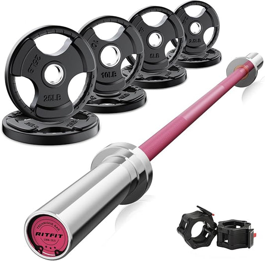 RitFit Barbell Weight Set - 4/6FT Olympic Barbell with Weight Plates (55-115LB Total) - Weightlifting Equipment for Squats, Curls, Deadlifts, Presses, Hip Thrusts