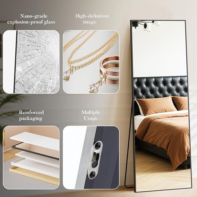 OLIXIS Full Length Floor Mirror with Stand, Body Mirror, 60x16 | Hanging or Leaning Wall, Aluminum Alloy Thin Frame, Living Room Bedroom, Long, Black