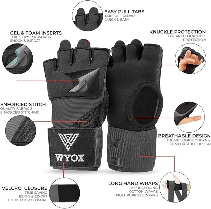 WYOX Neoprene Gel Boxing Hand Wraps Inner Gloves for Men & Women – 80cm/31in Quick Wrist Strap, Padded Knuckle Protection, Fingerless MMA Muay Thai Kickboxing Wraps for Training & Martial Arts
