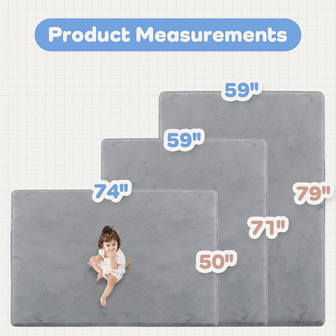 1.3" Thick Baby Floor Play Mat 59x71 Padded Foam Mat, Light Grey | Memory Mat for Baby to Play on Floor Waterproof Easy Care with Non-Slip Tummy Time Play Mat for Nursery Playroom Classroom