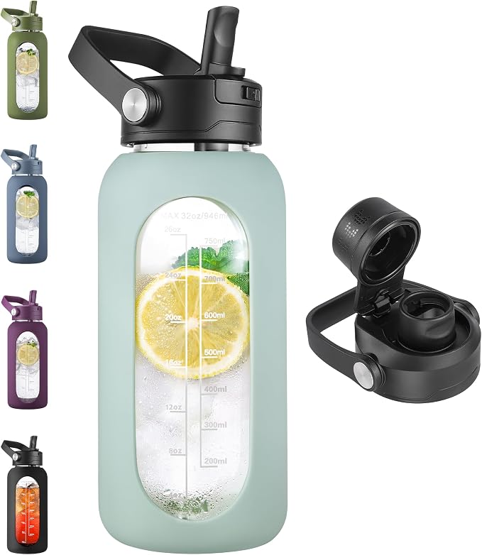 CIVAGO 32 oz Glass Water Bottle with Detachable Straw and Time Maker | Motivational Large Flask Cup with Handle, Leakproof Lids, Wide Mouth, Silicone Sleeve, Tumbler for Juice, Sage