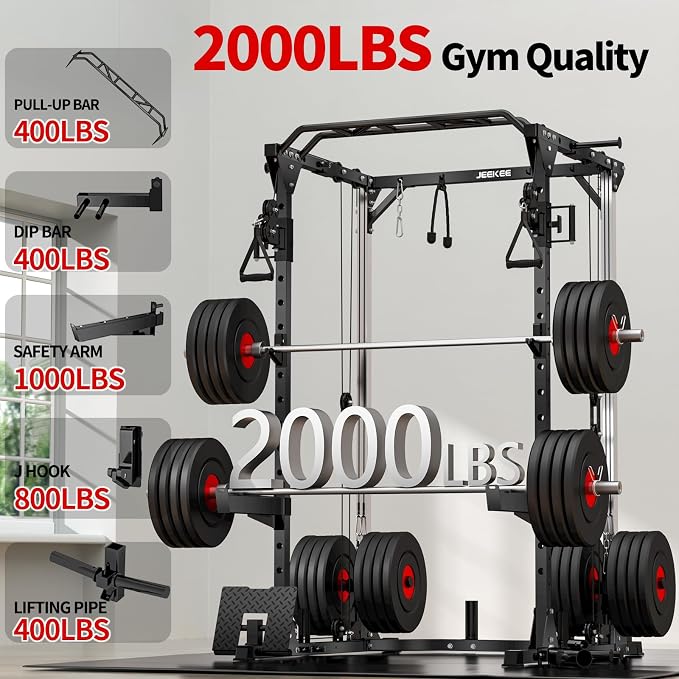 JEEKEE Power Cage with Cable Crossover System, 2000LB Multi-Function Power Rack with Independent Dual Pulleys, LAT Pulldown Seat Cushion, 20+ Attachments Squat Rack for Home Gym Workout,Black
