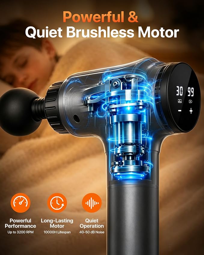 Massage Gun, 30 Speeds, 6 Heads, Quiet Deep Tissue Muscle Massager | Mini handheld percussion massager for back, neck, shoulders and body; ideal for athletes, workouts and muscle recovery.