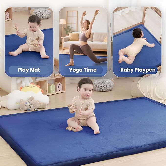 Baby Play Mat for Floor,1.3" Thick Memory foam Tummy Time Mat,Soft Coral Velvet Nursery Rug,Extra Large Non Slip Crawling Mat for Toddlers,Infants,kids,oga,Tatami Style for Living Room(Royal Blue)