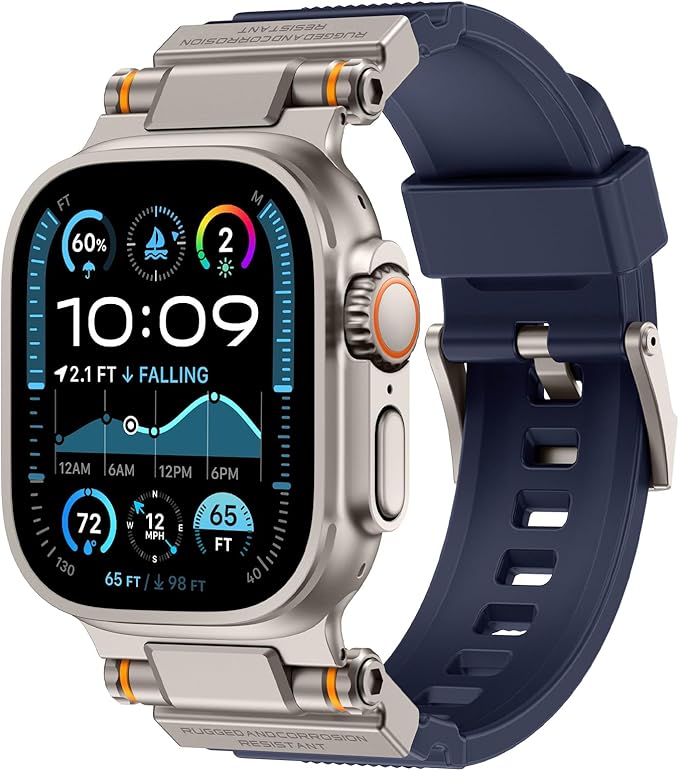 Band Compatible with Apple Watch Ultra 3/2/1 Band 49/46/45/44mm | Metal Connector with Silicone Rugged Strap for iWatch Ultra Series 11/10/9/8/7/6/SE3/SE2/SE/5/4/3/2/1, Navy Blue/Titanium