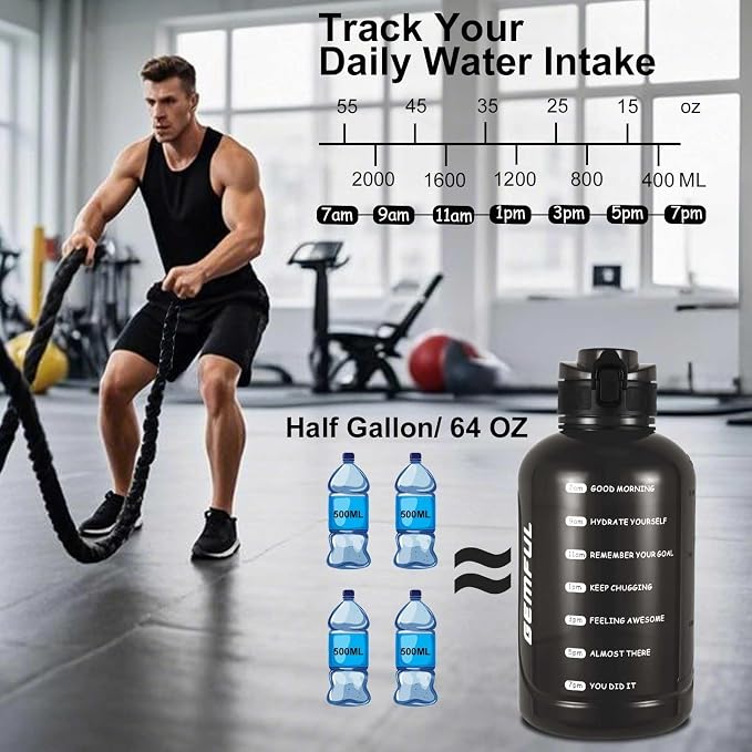 GEMFUL 2 Liter Water Bottle with Time Marker & Handle for Workout (Black) | BPA-Free, Leak-proof, 64oz Capacity, Tracks Daily Intake,Strawless, Chug Lid, for Gym, Fitness, Hiking, Sport, Camping