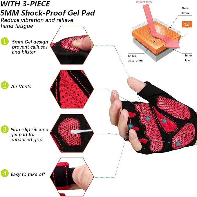 Cycling Gloves Bike Bicycle Gloves, Half Finger 5MM Gel Anti-Slip | Biking Gloves for Men Women Gym workout exercise Motorcycle Hiking Rowing Outdoor Sports