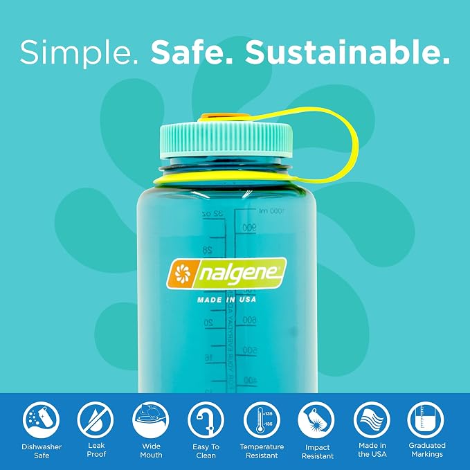 Nalgene 32 oz Wide Mouth Water Bottle | BPA-Free, Durable & Leak Proof, Lightweight Bottle for Hiking & Gym, Work-& Travel, Cerulean (Pack of 6)
