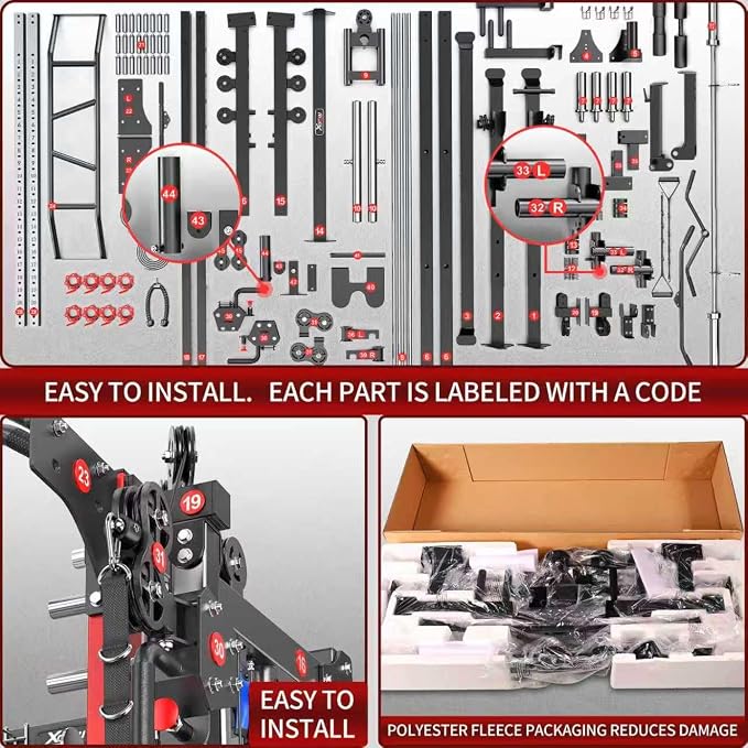 Smith Machine，Multi-Function Squat Rack Power Cage with Cable Crossover System,with Optional Weight Bench, Olympic Barbell Weight Set, for Home Gym