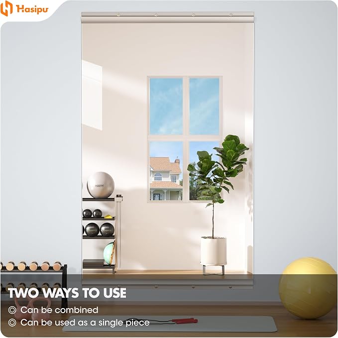Hasipu Home Gym Mirror 44" L x 28" W - 2PCS Large Full Body Mirror for Yoga, Fitness, Garage, Dance Studio, Wall-Mounted, 0.16in Tempered Glass Frameless