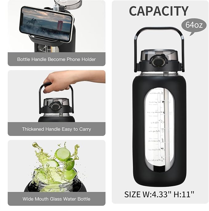 chunmo 64oz Glass Water Bolttles with Straw Half Gallon Large Motivational Water Bottle with Time Marker Sports Water Bottles with Silicone Sleeve and Handle Lid Water Jug for Gym Workout