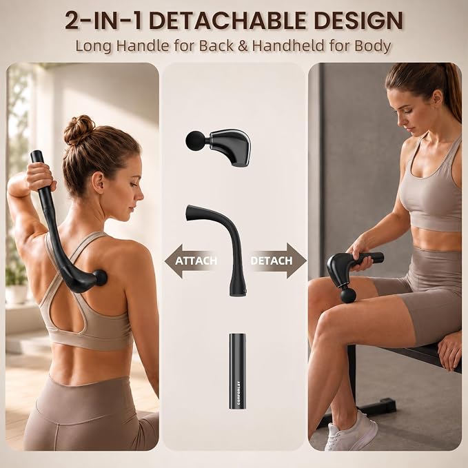 2-in-1 Muscle Massage Gun Detachable Elbow, Deep Tissue Body Massager for Athletes for Pain Relief, Handheld Massage Hammer with 4 Massage Heads for Body Builder