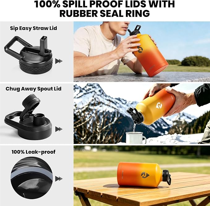 One Gallon Water Bottle Insulated, Triple Walled Vacuum Stainless Steel | (Cold for 48 Hrs), Leak Proof & Non-BPA, Large Water Flask Jug with Paracord Handle & Straw Spout Lids