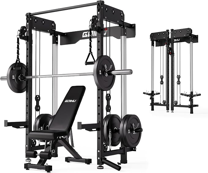 WM3-V4 Folding Squat Rack, Wall Mounted Power Rack with Dual Independent Pulley System, Functional Trainer with 5 Adjustable Function Modes for Space Saving