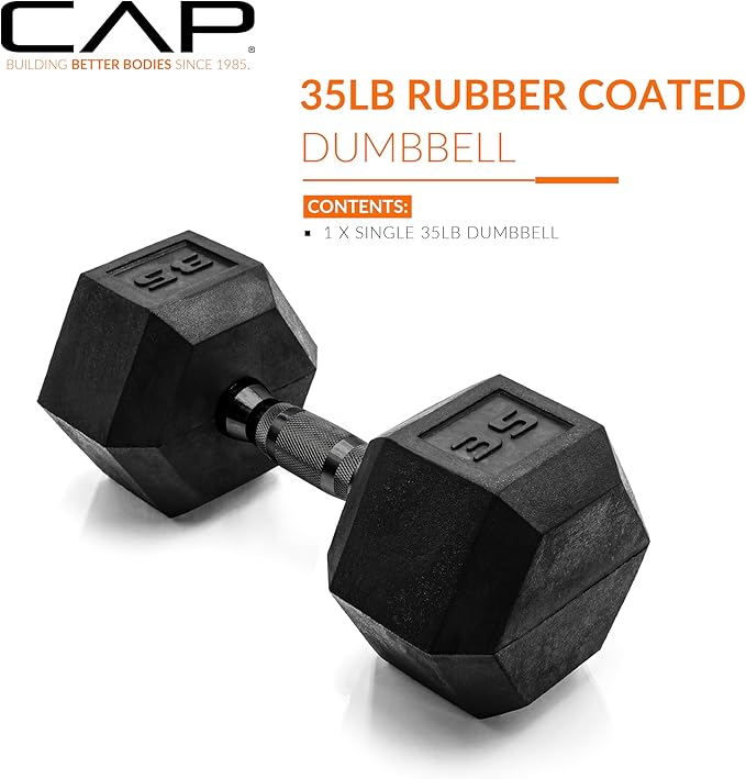 CAP Rubber Coated Dumbbell Weights, Free Weights for Home Gym Strength Training, Anti-Roll Hex Dumbbells with Black, Chrome & Comfort Grip Handles, Singles