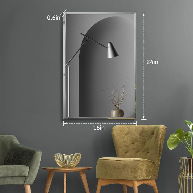 2 PCS 16×24 Beveled Wall Mirror Decorative Bathroom Vanity Mirror | Beveled Edge,Shatterproof Frameless Mirror,Modern Design,Rectangle