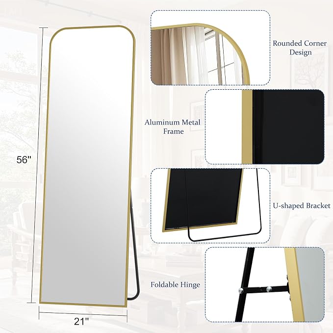 Full Length Mirror 56"x21" Arched Floor Standing Large Mirrors | Full Body Mirror with Stand - with Aluminum Frame for Bedroom Living Room, Gold