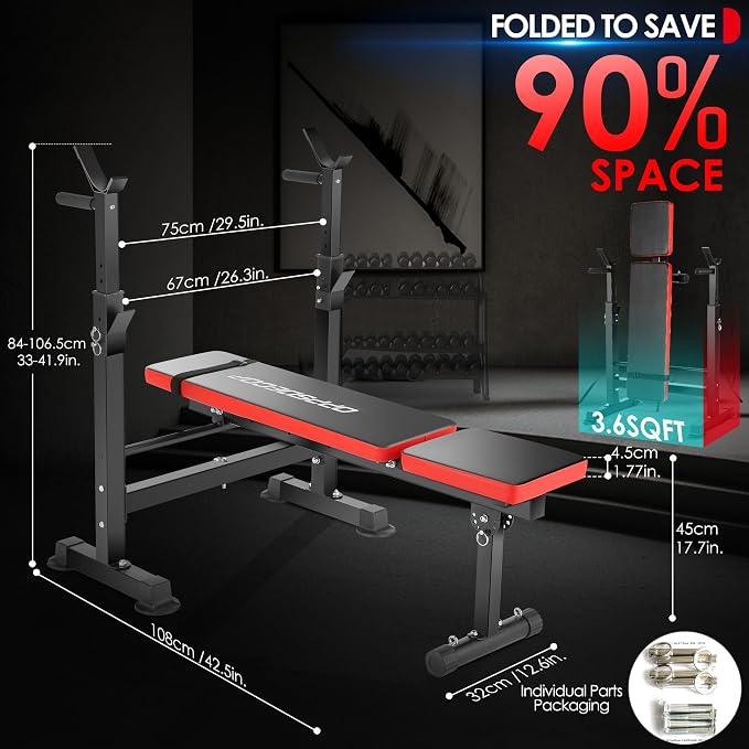 OPPSDECOR 900LBS Weight Bench Set Adjustable Workout Bench for Home Gym | Bench Press, Incline Press, Squat Rack, Leg Developer, Preacher Curl Pad, Fits 6-7ft Barbells, 2-Second Fold, 38-in Rear Rack