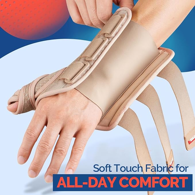 FEATOL Carpal Tunnel Wrist Brace Night Support, Thumb Spica Splint Left Hand for De Quervains Tenosynovitis, Tendonitis, Thumb Brace for Women Men, Beige, Large/XLarge