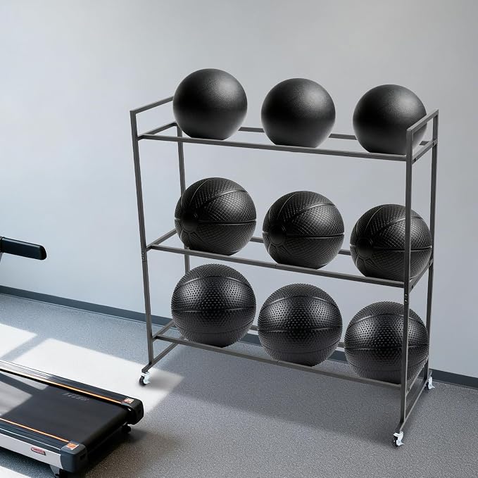 3-Tier Medicine Ball Rack with Wheels, Heavy Duty Rolling Storage Stand Holder for Slam & Wall Balls, Home Gym Organization Cart, Locking Casters, 60 lbs Capacity, Iron, Black